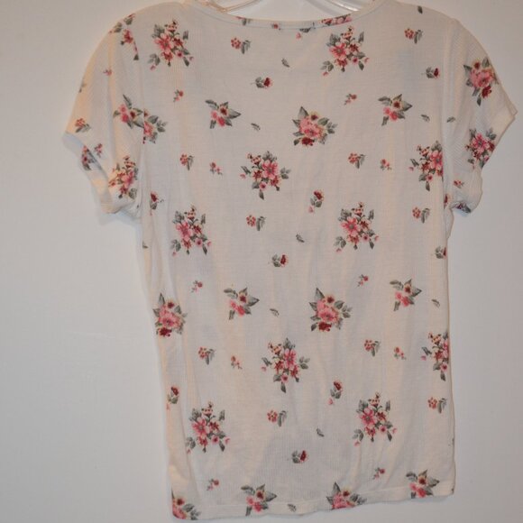 Soft Tender Corduroy Texture Fabric White Red-Green Floral V-Neck Tie-Down Top S - Picture 8 of 9